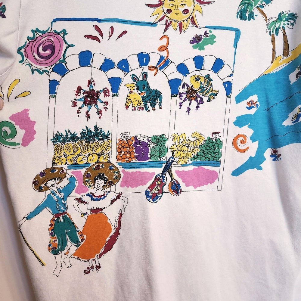 Vintage 80s Painted Latina Culture Tee White Cotton Fruit Piñata Sun Top M